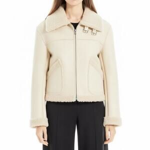 MAX STUDIO Women’s Faux-leather Sherpa Aviator Jacket Size L in Ivory NWT